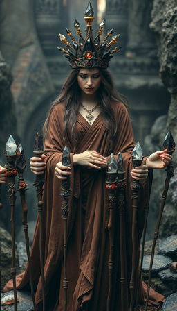 A mystical scene featuring the Goddess of Wands, draped in a flowing brown dress