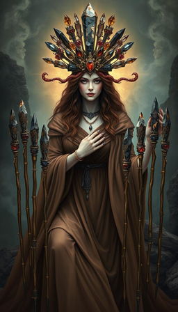 A mystical scene featuring the Goddess of Wands, draped in a flowing brown dress