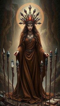 A mystical scene featuring the Goddess of Wands, draped in a flowing brown dress