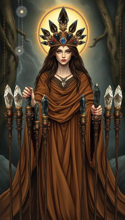 A mystical scene featuring the Goddess of Wands, draped in a flowing brown dress