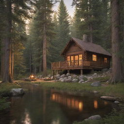 Illustrate a tranquil forest setting, bathed in warm evening light, with a rustic cabin nestled amongst tall, ancient trees