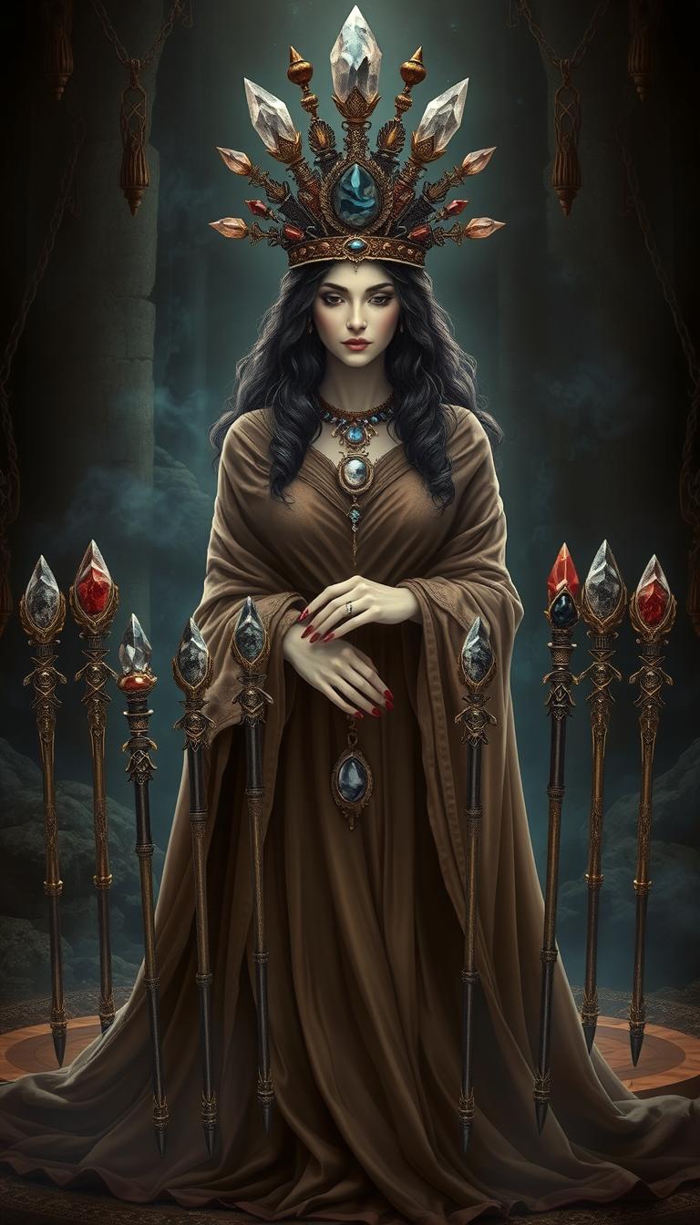 A mystical scene featuring the Goddess of Wands, draped in a flowing brown dress