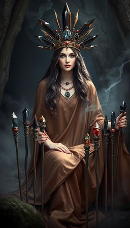 A mystical scene featuring the Goddess of Wands, draped in a flowing brown dress