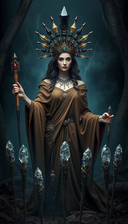 A mystical scene featuring the Goddess of Wands, draped in a flowing brown dress