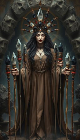 A mystical scene featuring the Goddess of Wands, draped in a flowing brown dress