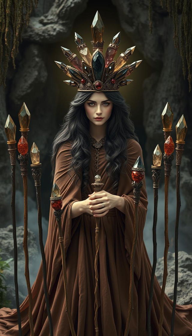 A mystical scene featuring the Goddess of Wands, draped in a flowing brown dress