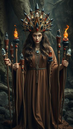 A mystical scene featuring the Goddess of Wands, draped in a flowing brown dress