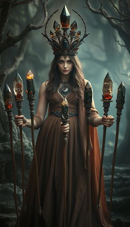 A mystical scene featuring the Goddess of Wands, draped in a flowing brown dress