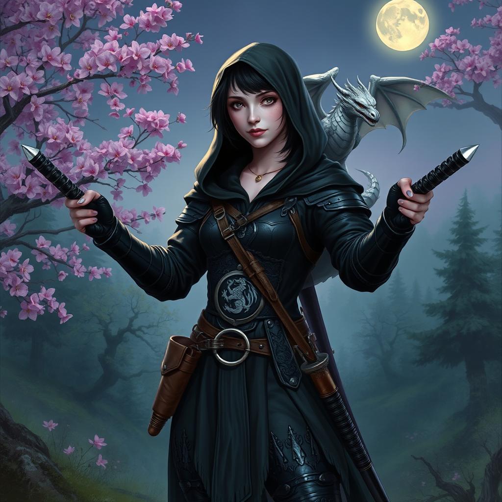 A Dungeons & Dragons female witch with short black hair highlighted with orchids, silver eyes, and pale violet skin