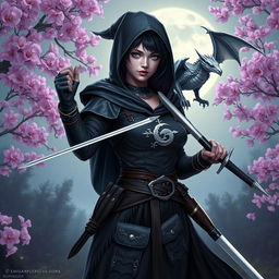 A Dungeons & Dragons female witch with short black hair highlighted with orchids, silver eyes, and pale violet skin