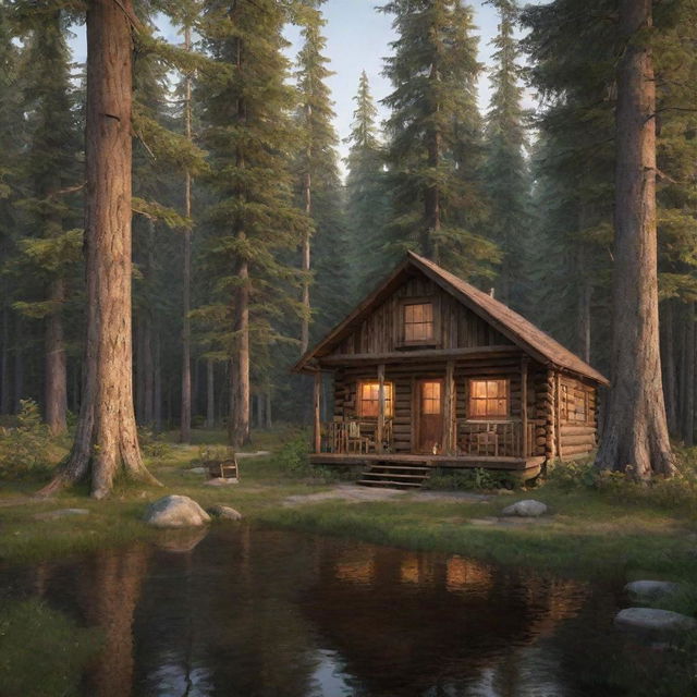 Illustrate a tranquil forest setting, bathed in warm evening light, with a rustic cabin nestled amongst tall, ancient trees