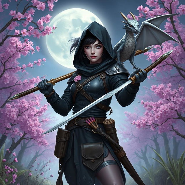 A Dungeons & Dragons female witch with short black hair highlighted with orchids, silver eyes, and pale violet skin