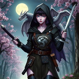 A Dungeons & Dragons female witch with short black hair highlighted with orchids, silver eyes, and pale violet skin