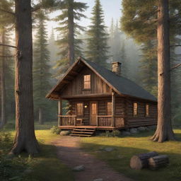 Illustrate a tranquil forest setting, bathed in warm evening light, with a rustic cabin nestled amongst tall, ancient trees