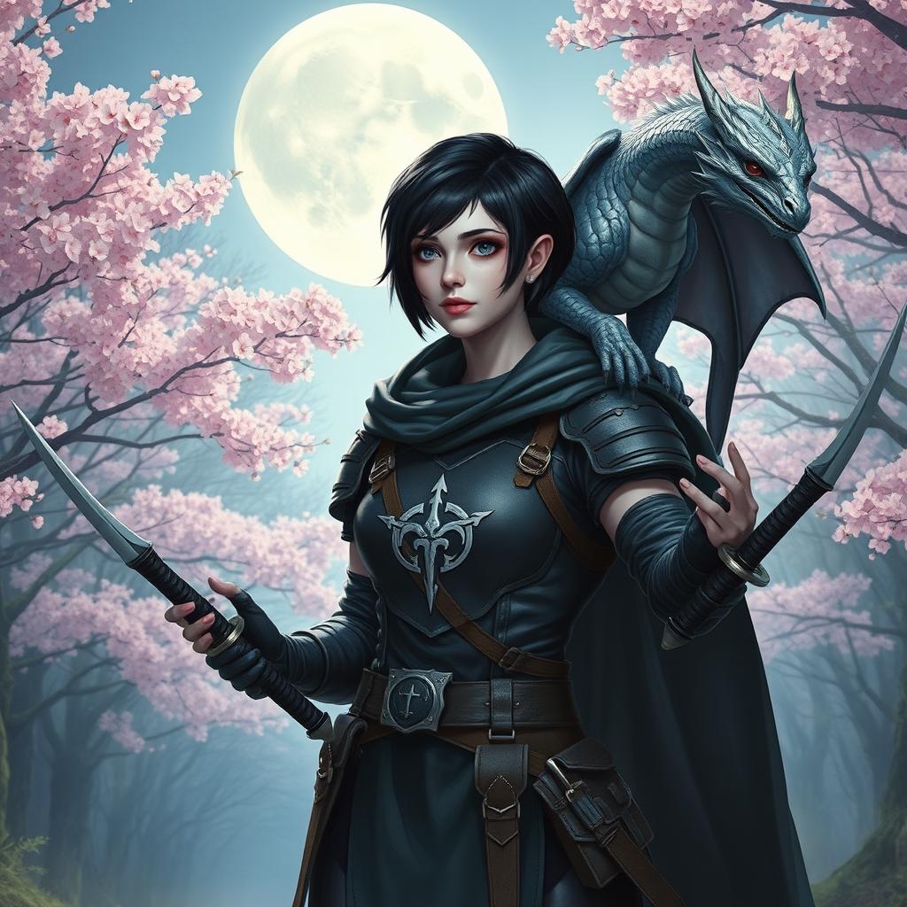 A Dungeons & Dragons female witch with short black hair adorned with orchid-colored highlights, silver eyes, and pale violet skin