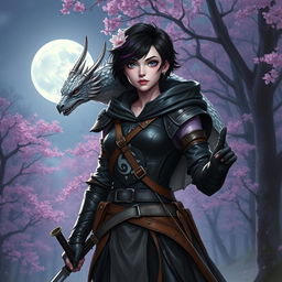 A Dungeons & Dragons female witch with short black hair adorned with orchid-colored highlights, silver eyes, and pale violet skin