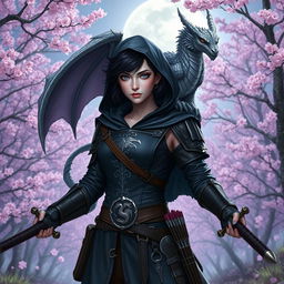 A Dungeons & Dragons female witch with short black hair adorned with orchid-colored highlights, silver eyes, and pale violet skin