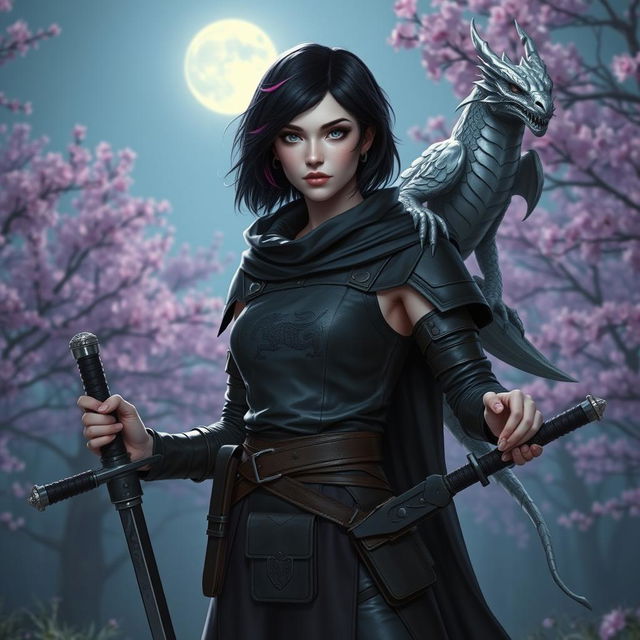 A Dungeons & Dragons female witch with short black hair adorned with orchid-colored highlights, silver eyes, and pale violet skin