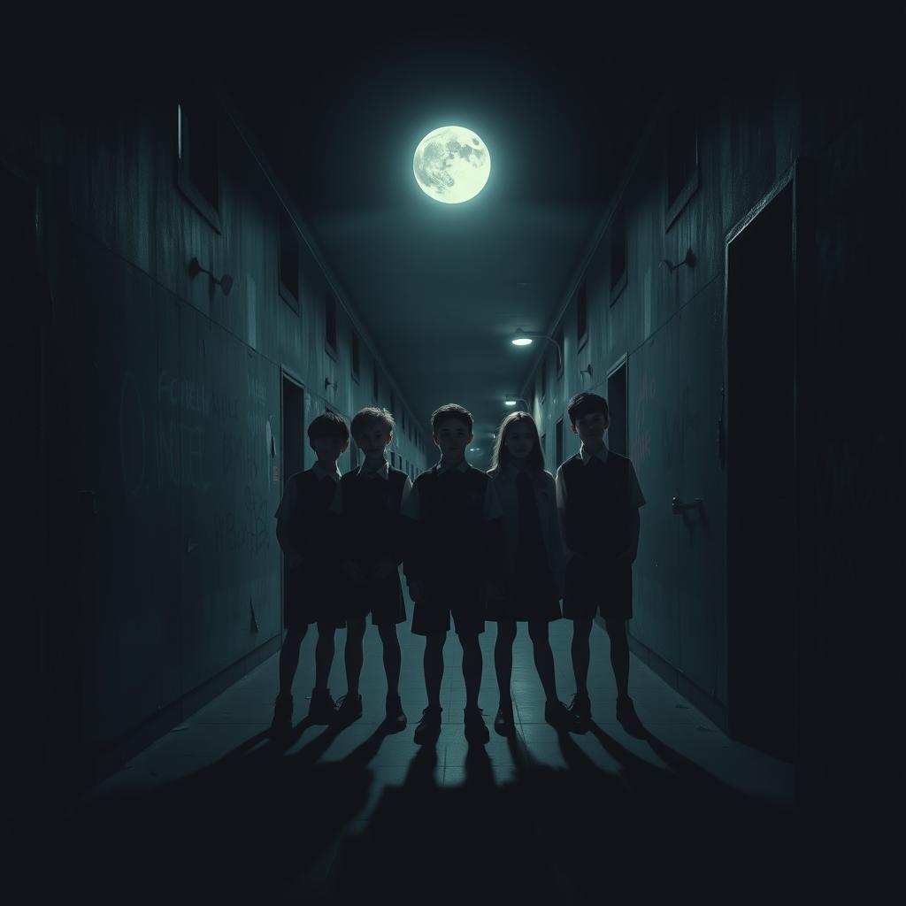 In the dark and mysterious midnight, a long and gloomy school corridor serves as the main backdrop