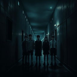 In the dark and mysterious midnight, a long and gloomy school corridor serves as the main backdrop