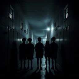 In the dark and mysterious midnight, a long and gloomy school corridor serves as the main backdrop