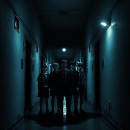 In the dark and mysterious midnight, a long and gloomy school corridor serves as the main backdrop