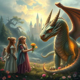 A fantastical scene depicting a heartwarming interaction between a group of fictional daughters and a majestic dragon in a magical landscape