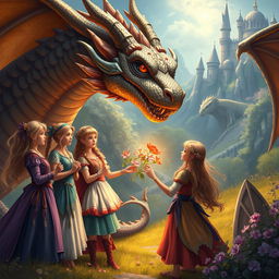 A fantastical scene depicting a heartwarming interaction between a group of fictional daughters and a majestic dragon in a magical landscape