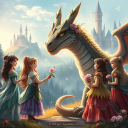 A fantastical scene depicting a heartwarming interaction between a group of fictional daughters and a majestic dragon in a magical landscape