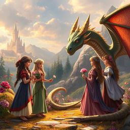 A fantastical scene depicting a heartwarming interaction between a group of fictional daughters and a majestic dragon in a magical landscape