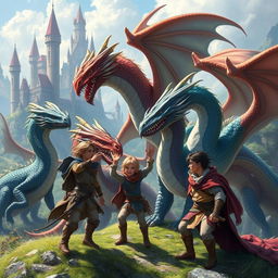 A captivating fantasy scene depicting a group of fictional sons engaging with dragons in a mystical landscape