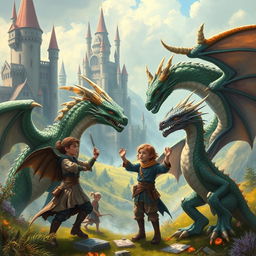 A captivating fantasy scene depicting a group of fictional sons engaging with dragons in a mystical landscape