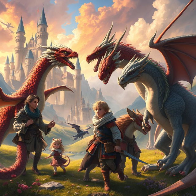 A captivating fantasy scene depicting a group of fictional sons engaging with dragons in a mystical landscape