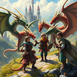 A captivating fantasy scene depicting a group of fictional sons engaging with dragons in a mystical landscape