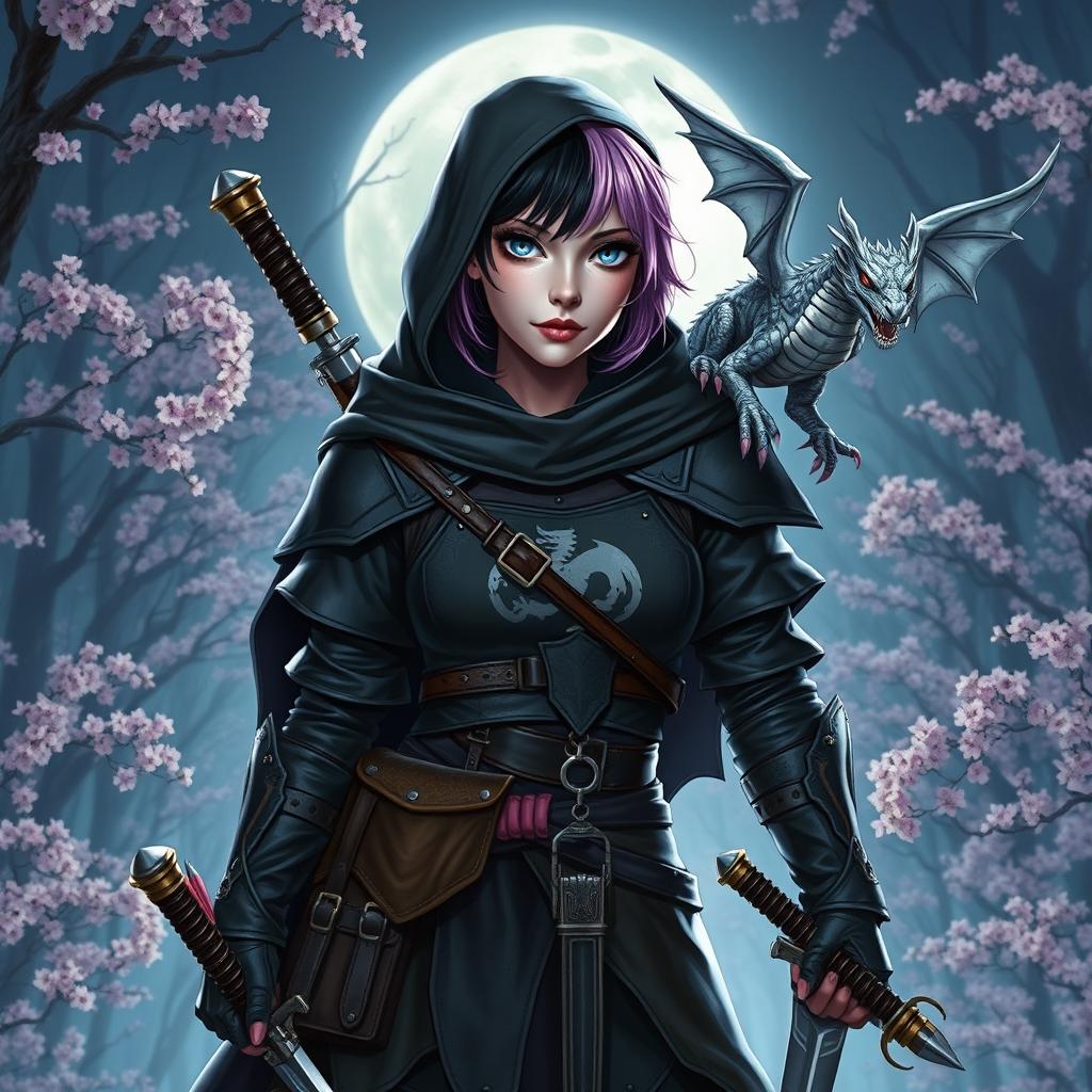 A Dungeons & Dragons female witch with short hair, half black and half orchid colored