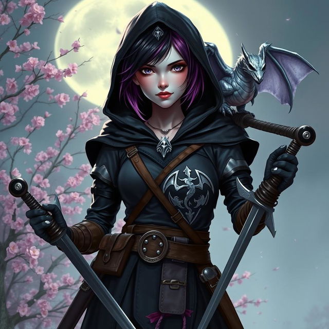 A Dungeons & Dragons female witch with short hair, half black and half orchid colored