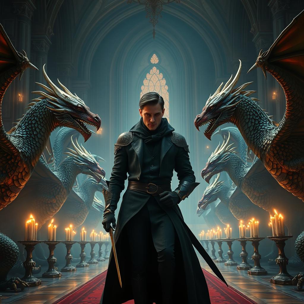 A thrilling fantasy scene featuring a charismatic man in the guise of a spy, subtly infiltrating a court of dragons with a knightly air