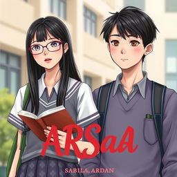 High school romance novel cover titled "ARSaA" featuring two main characters, Sabila and Ardan, wearing Indonesian high school uniforms