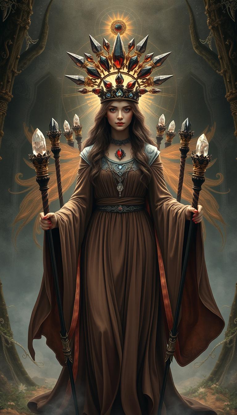 A mystical scene featuring the Goddess of Wands, draped in a flowing brown dress