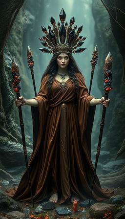 A mystical scene featuring the Goddess of Wands, draped in a flowing brown dress