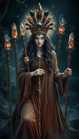 A mystical scene featuring the Goddess of Wands, draped in a flowing brown dress