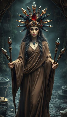 A mystical scene featuring the Goddess of Wands, draped in a flowing brown dress