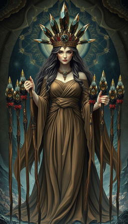 A mystical scene featuring the Goddess of Wands, draped in a flowing brown dress