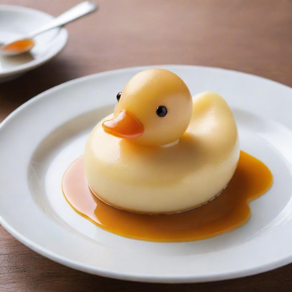 A beautifully detailed purin dessert shaped like an adorable duck, with a creamy, jelly-like texture and caramel topping.