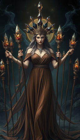 A mystical scene featuring the Goddess of Wands, draped in a flowing brown dress