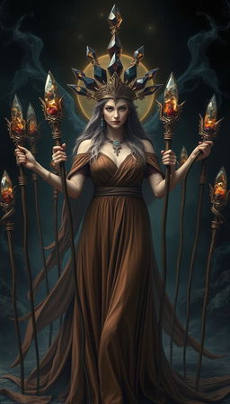 A mystical scene featuring the Goddess of Wands, draped in a flowing brown dress