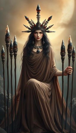 A mystical scene featuring the Goddess of Wands, draped in a flowing brown dress