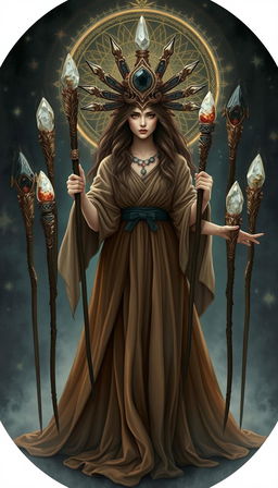 A mystical scene featuring the Goddess of Wands, draped in a flowing brown dress