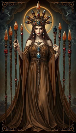 A mystical vision of the Goddess of Wands, wearing a flowing brown dress