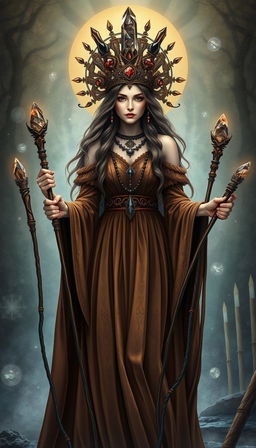 A mystical vision of the Goddess of Wands, wearing a flowing brown dress